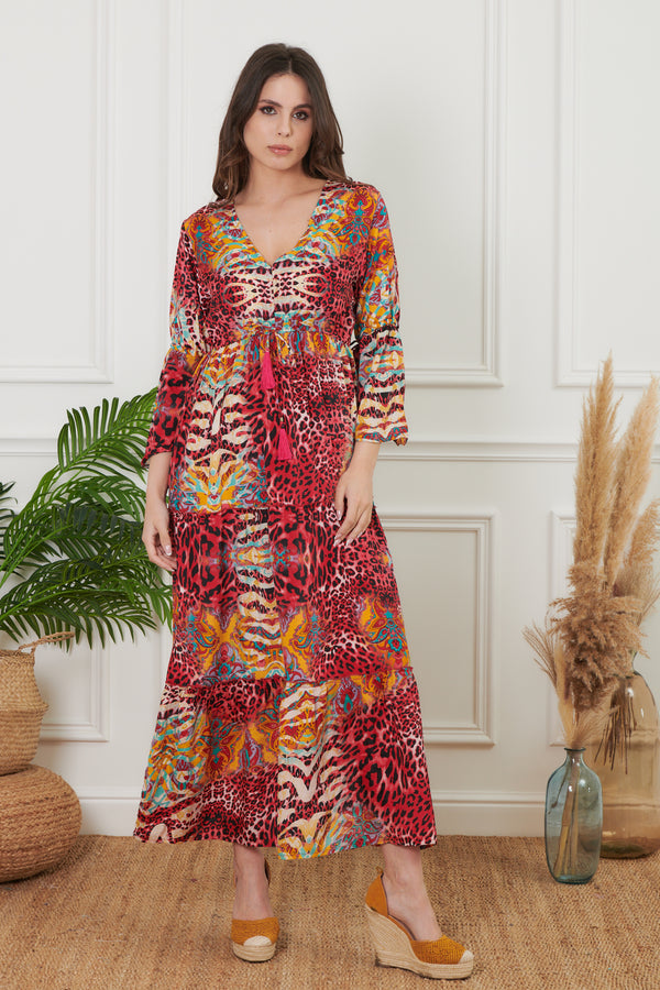 LONG SLEEVE ANIMAL PRINT LONG DRESS