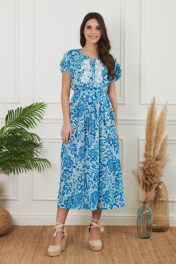 LONG PATTERNED DRESS WITH EMBROIDERY