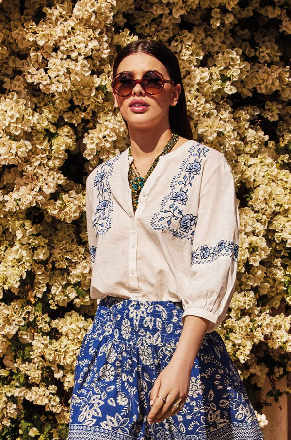 HAND-EMBROIDERED BLOUSE IN BLUE SHADES