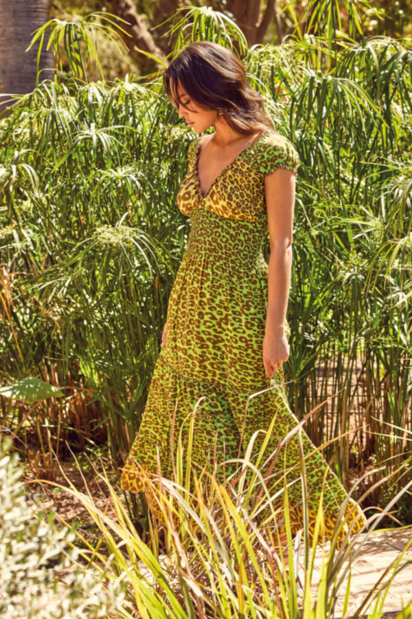 GREEN ANIMAL PRINT LONG FLOUNCE DRESS