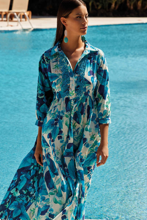 LONG SHIRT DRESS WITH TURQUOISE FLOWER