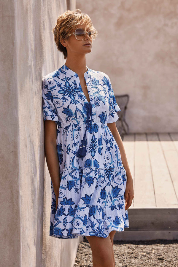 CAPRI BLUE RUFFLED SLEEVE DRESS